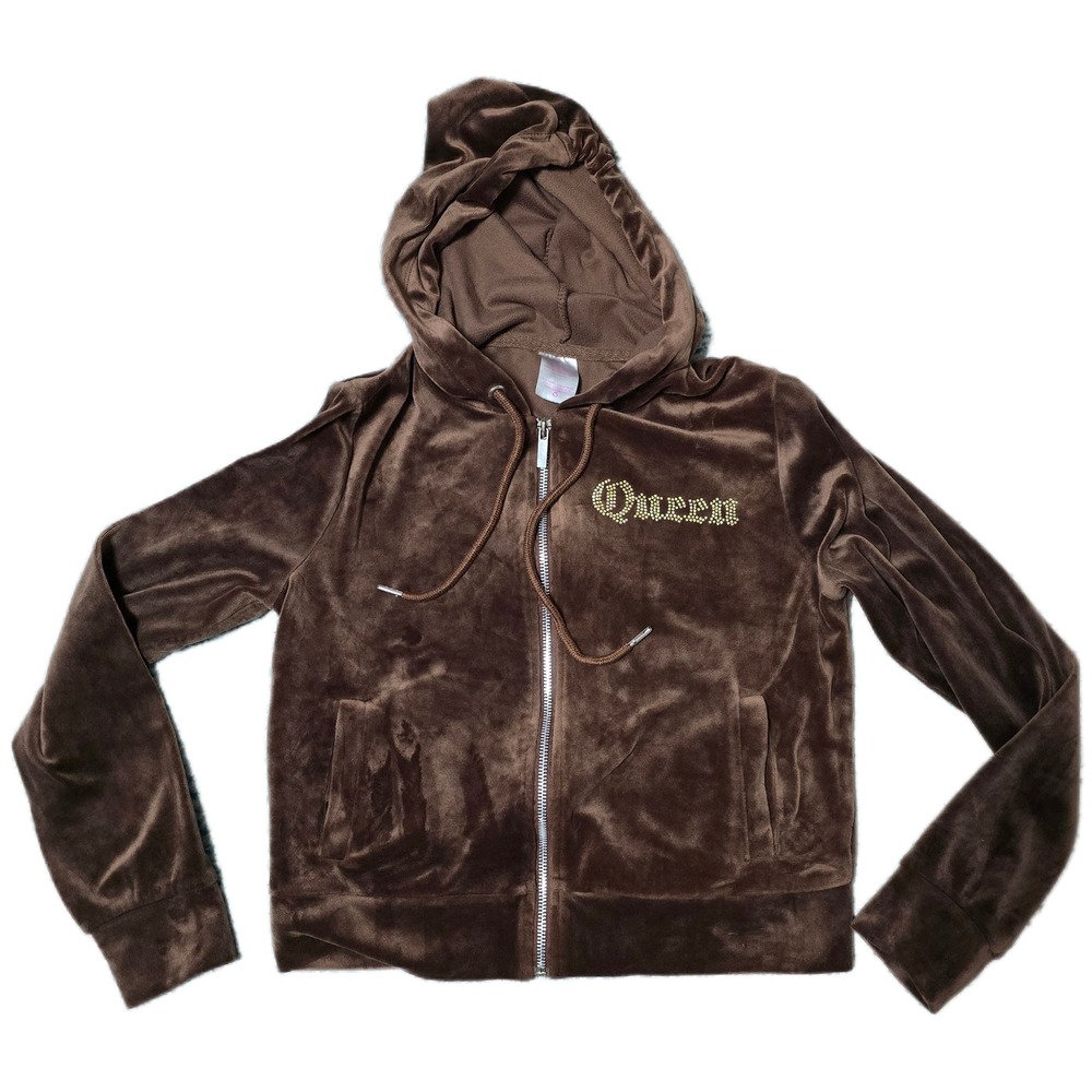 No Boundaries Brown Velour Queen‎ Rhinestone Zip Up Hoodie - Youth Medium (T)
